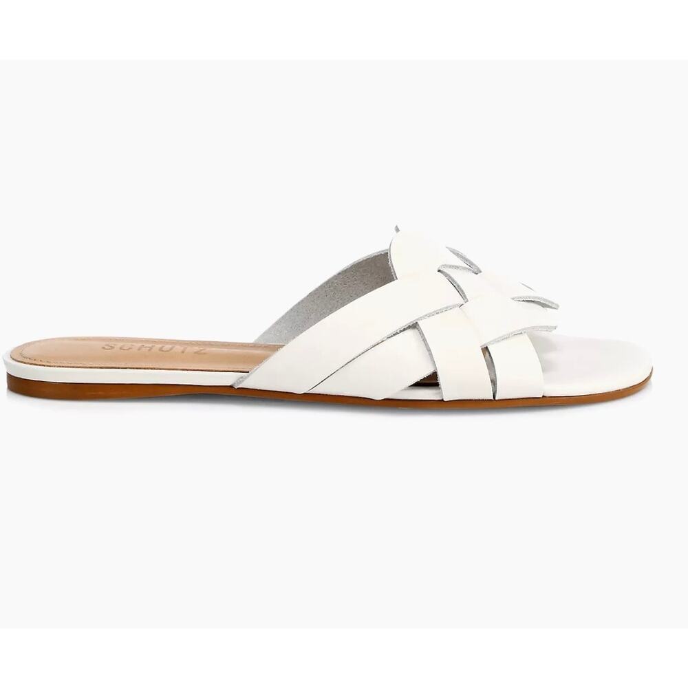 SCHUTZ White Leather Woven Slide Sandals